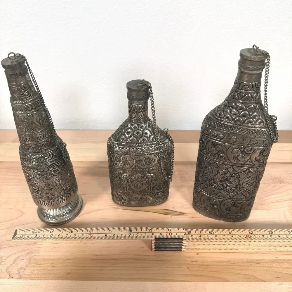 Vintage India Embossed Metal Decorative Flask Canteen Bottles Set of 3